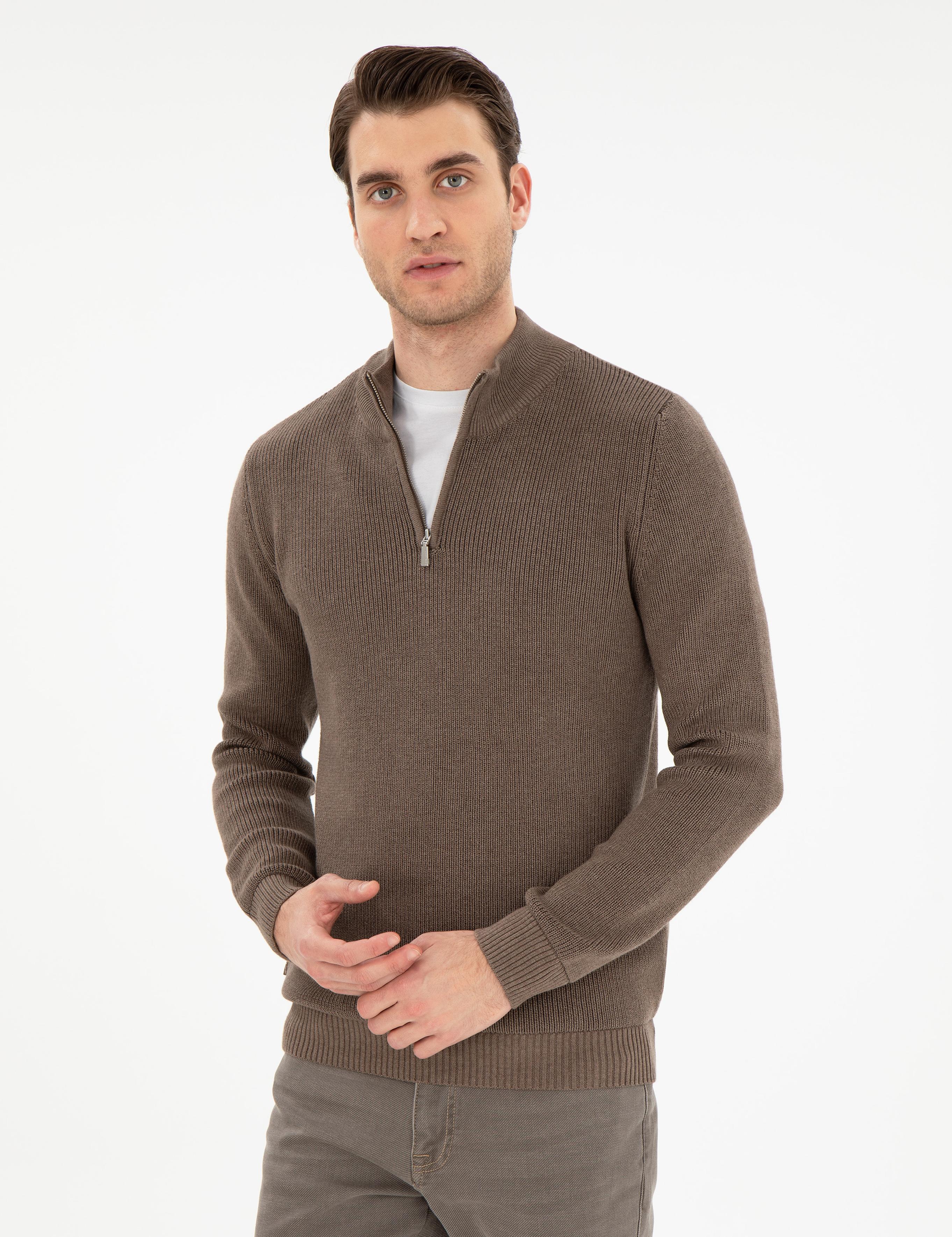 Vizon Melanj Slim Fit Fermuarlı Dik Yaka Triko Kazak