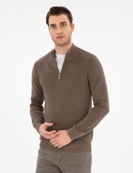 Vizon Melanj Slim Fit Fermuarlı Dik Yaka Triko Kazak - 50297123023