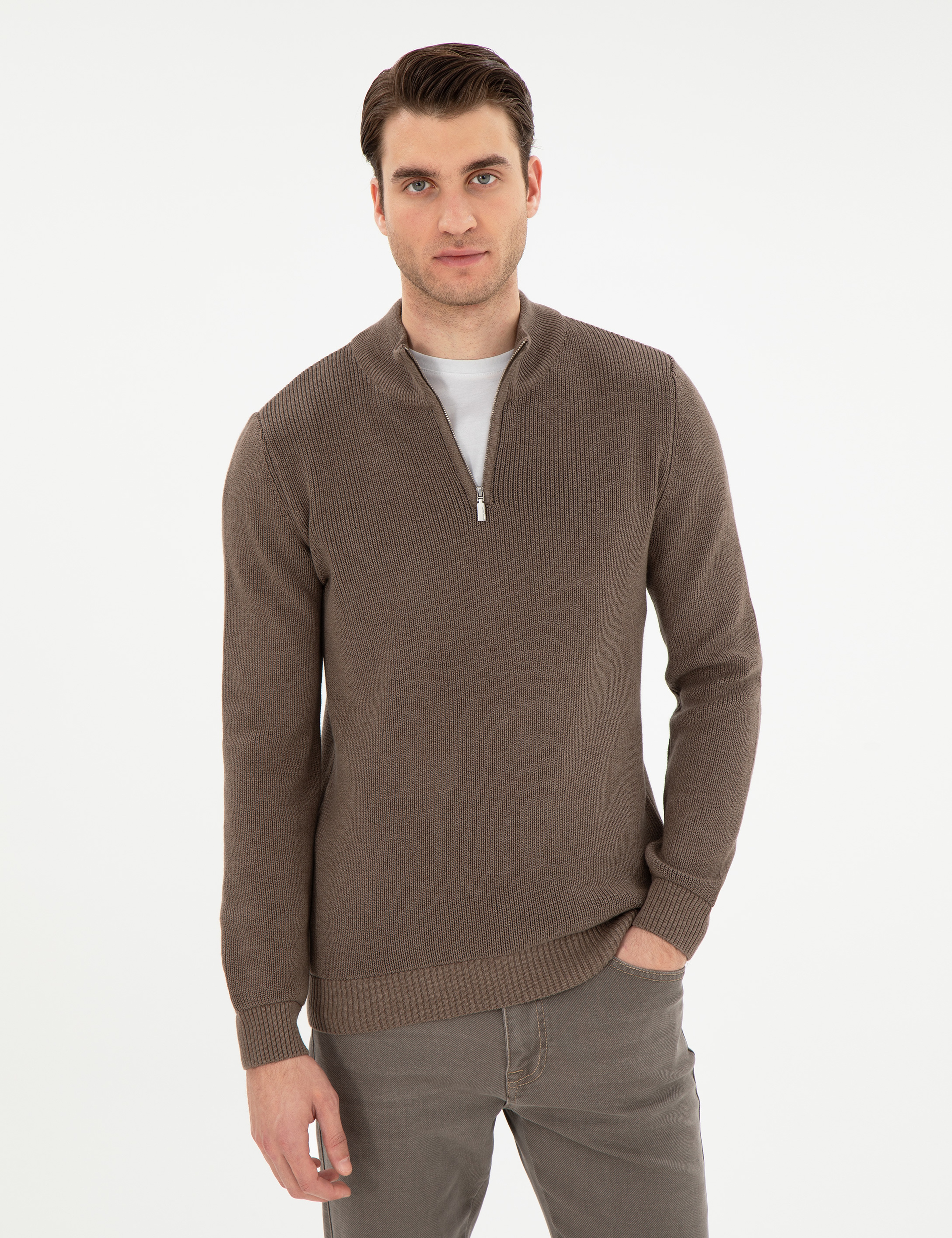 Vizon Melanj Slim Fit Fermuarlı Dik Yaka Triko Kazak - Image 3