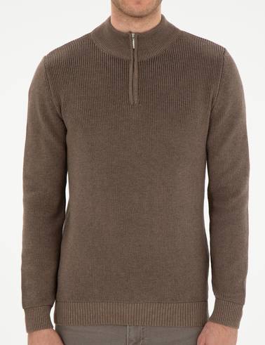 Vizon Melanj Slim Fit Fermuarlı Dik Yaka Triko Kazak