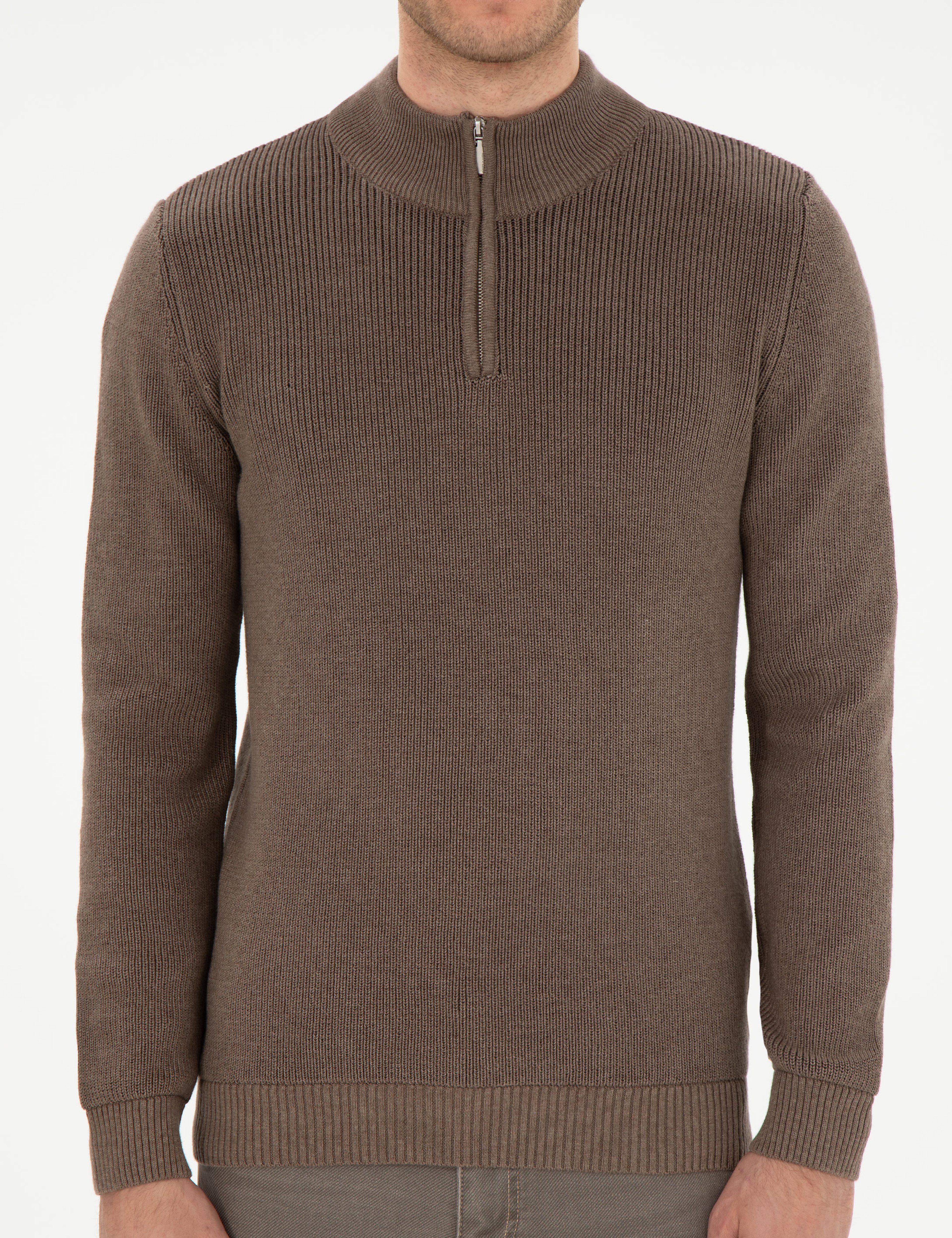 Vizon Melanj Slim Fit Fermuarlı Dik Yaka Triko Kazak - Image 6