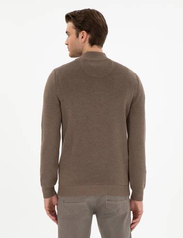 Vizon Melanj Slim Fit Fermuarlı Dik Yaka Triko Kazak
