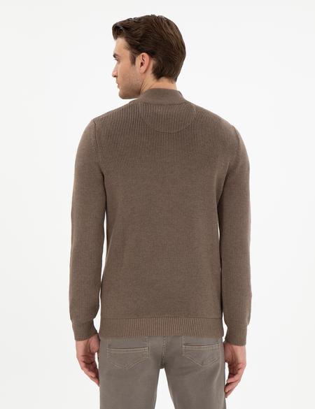 Vizon Melanj Slim Fit Fermuarlı Dik Yaka Triko Kazak - 50297123023