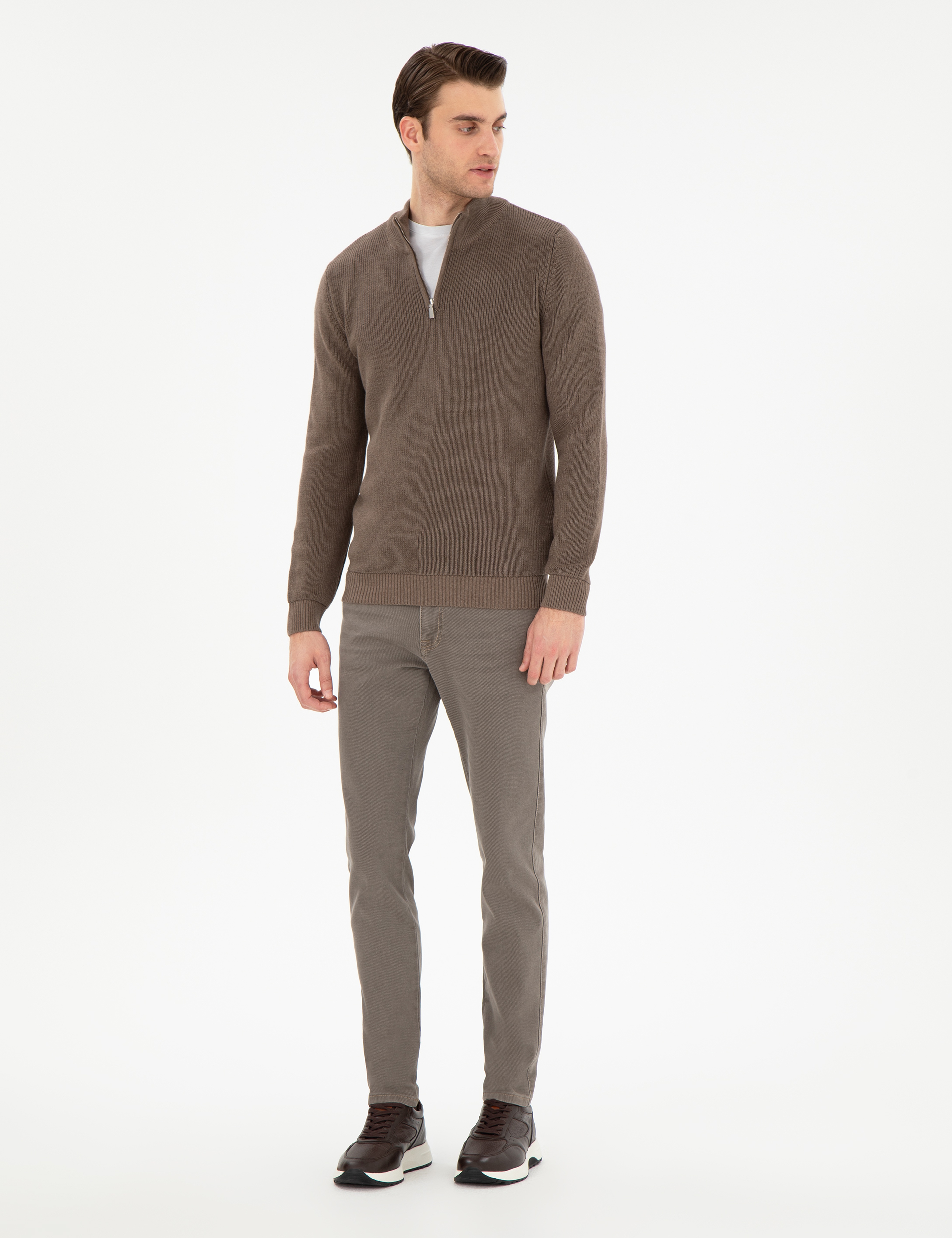 Vizon Melanj Slim Fit Fermuarlı Dik Yaka Triko Kazak - Image 4