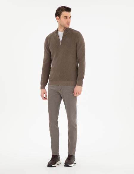 Vizon Melanj Slim Fit Fermuarlı Dik Yaka Triko Kazak - 50297123023