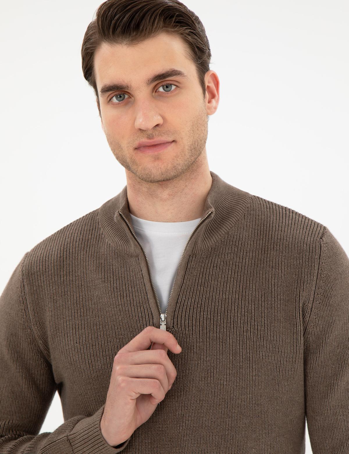 Vizon Melanj Slim Fit Fermuarlı Dik Yaka Triko Kazak - 50297123023