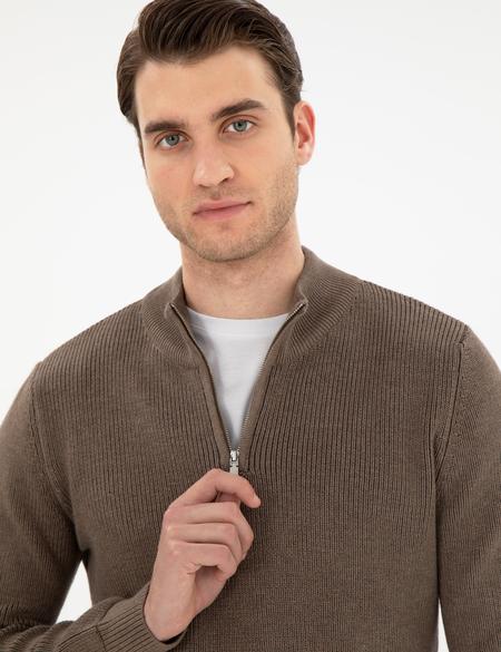 Vizon Melanj Slim Fit Fermuarlı Dik Yaka Triko Kazak - 50297123023