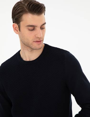 Açık Lacivert Slim Fit Bisiklet Yaka Triko Kazak
