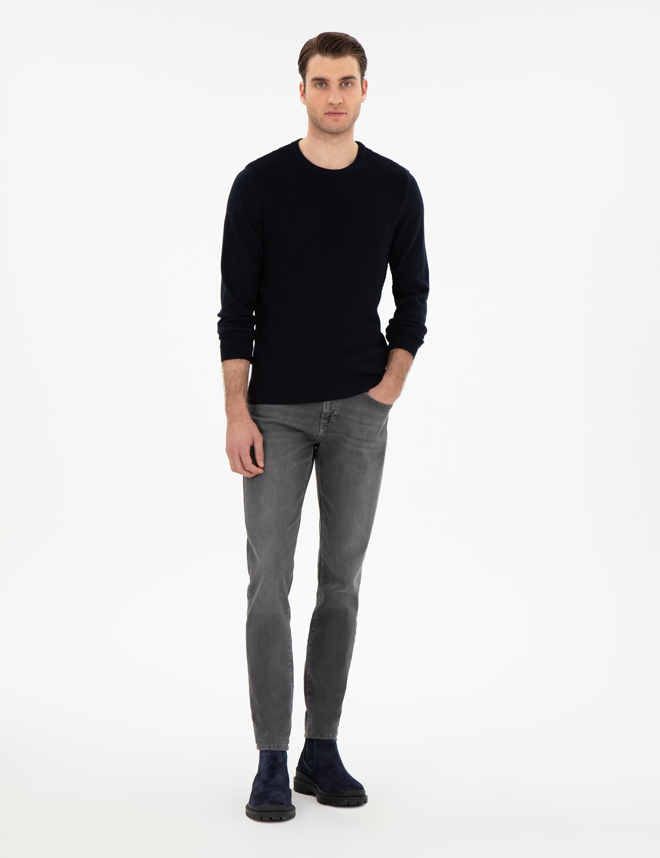 Pierre Cardin Açık Lacivert Slim Fit Bisiklet Yaka Triko Kazak görsel 4
