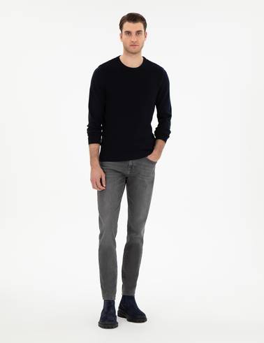 Açık Lacivert Slim Fit Bisiklet Yaka Triko Kazak