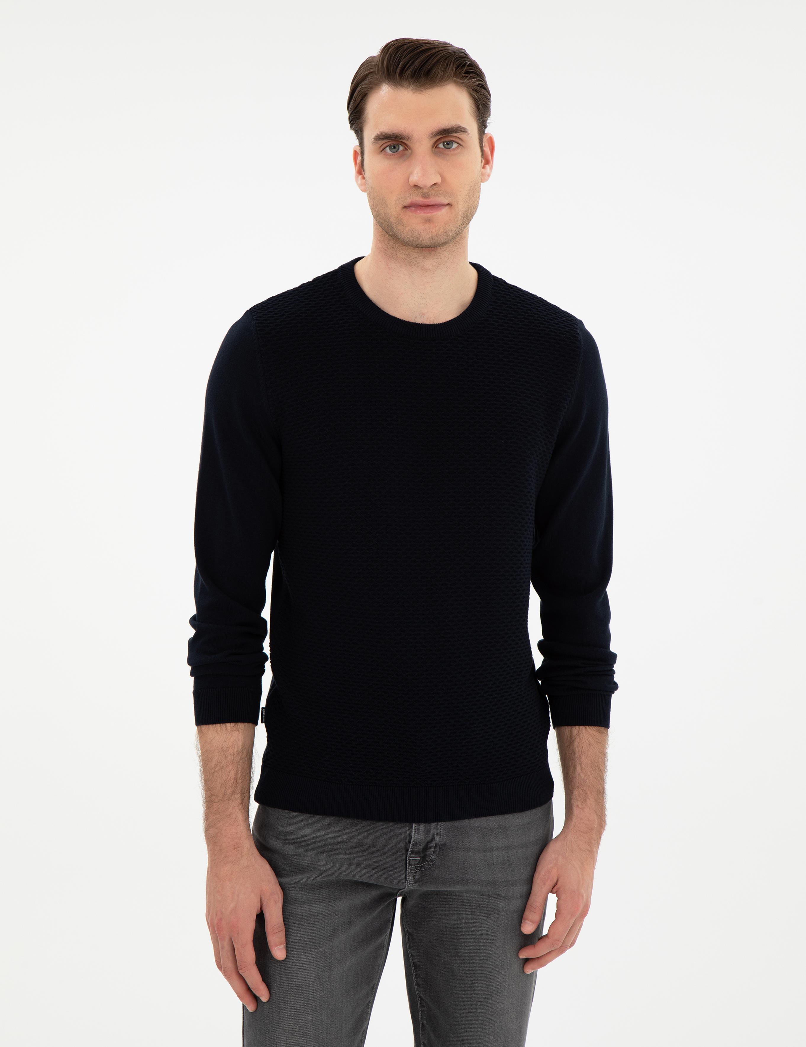 Açık Lacivert Slim Fit Bisiklet Yaka Triko Kazak