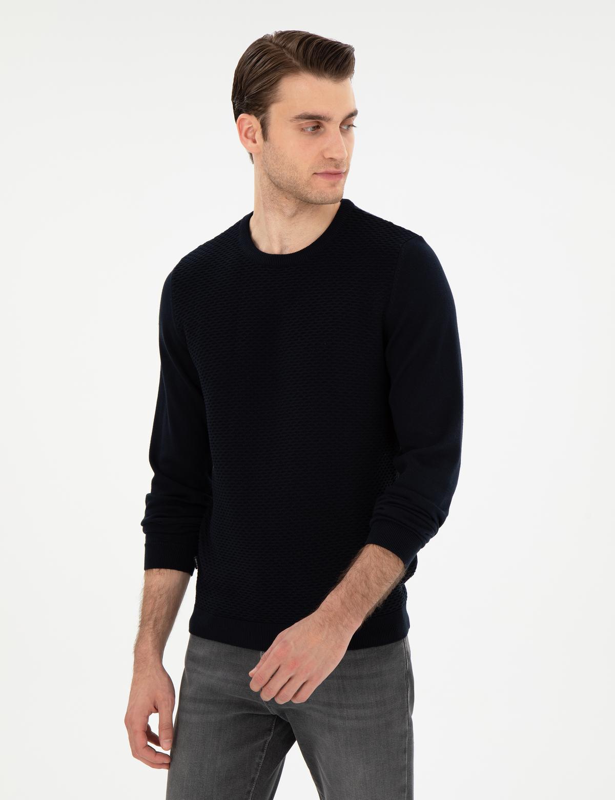 Açık Lacivert Slim Fit Bisiklet Yaka Triko Kazak