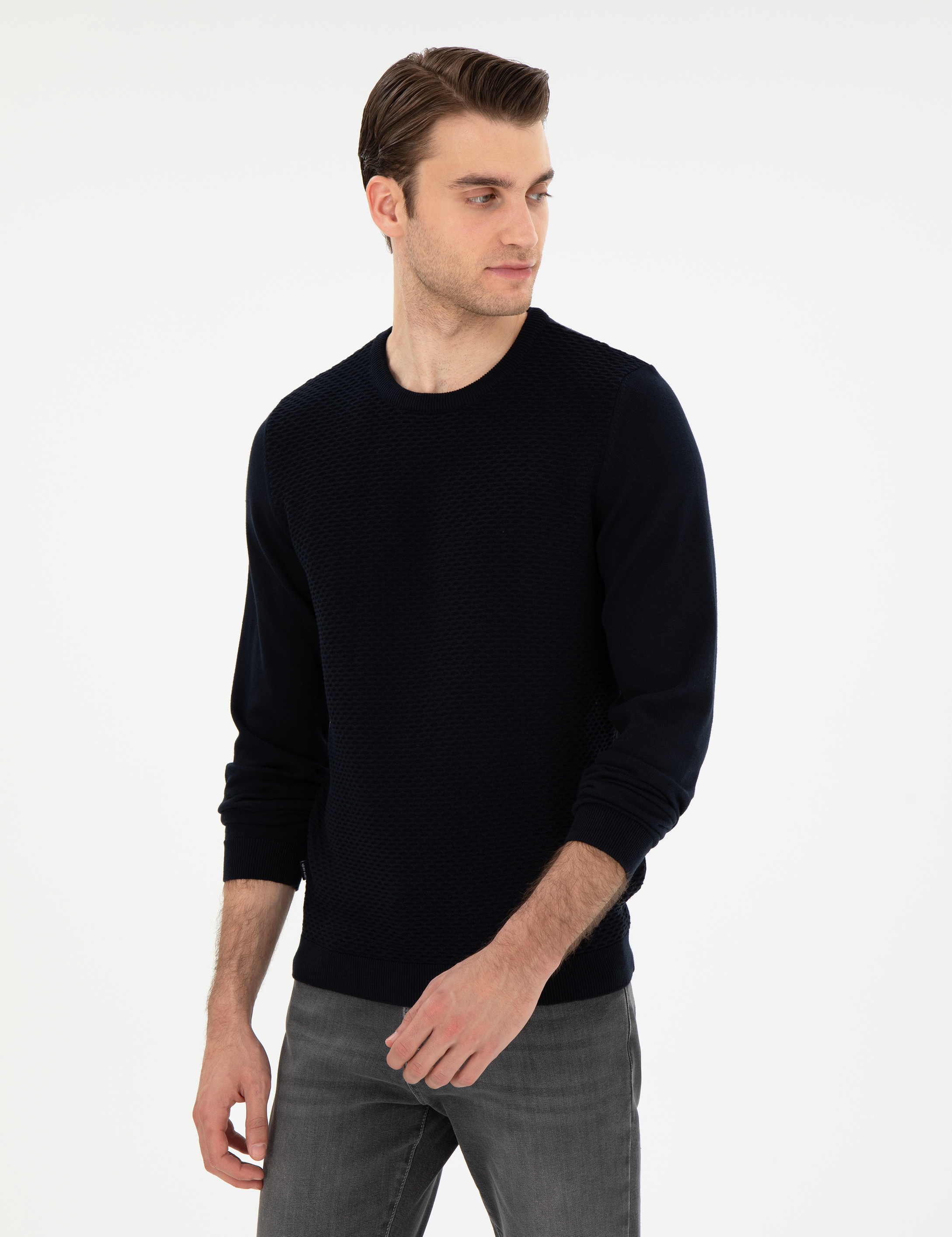 Açık Lacivert Slim Fit Bisiklet Yaka Triko Kazak - Image 1