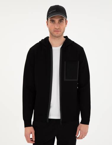 Siyah Regular Fit Yün Karışımlı Triko Hırka