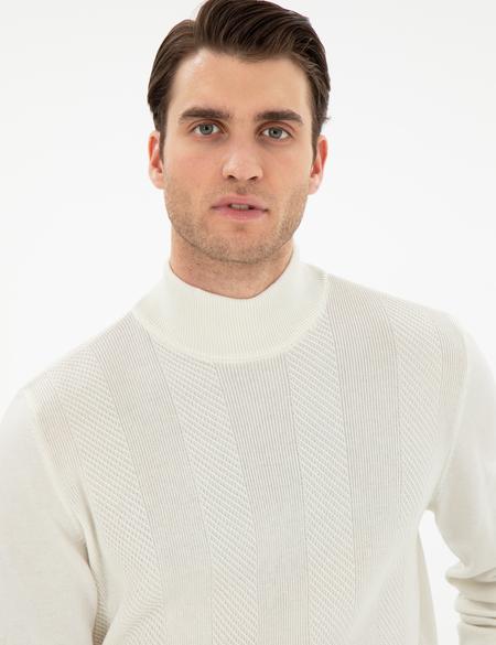 Ekru Slim Fit Yarım Balıkçı Triko Kazak - 50300498007