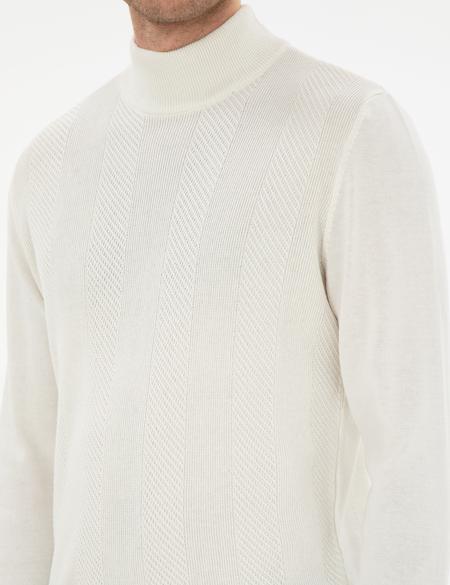 Ekru Slim Fit Yarım Balıkçı Triko Kazak - 50300498007