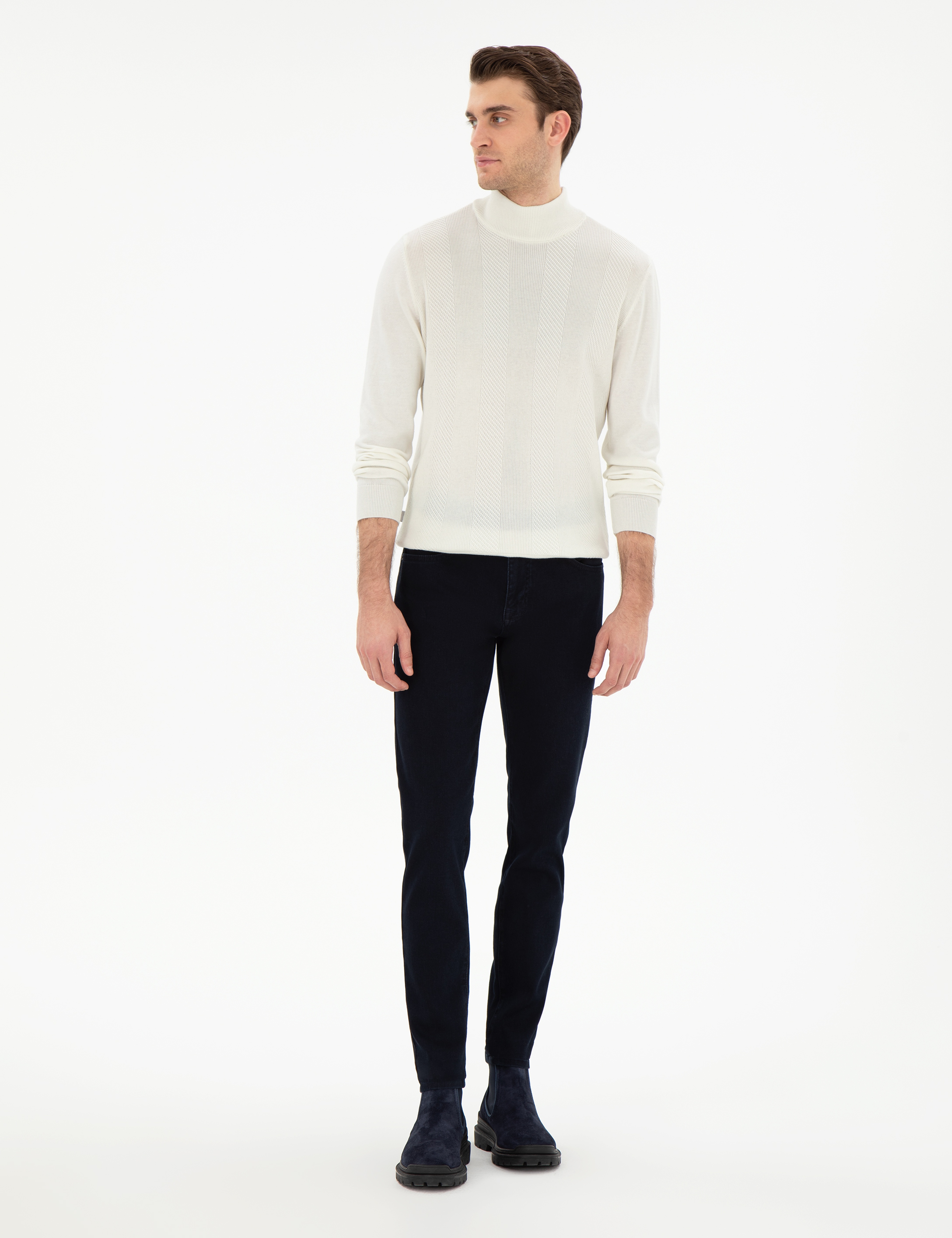 Ekru Slim Fit Yarım Balıkçı Triko Kazak