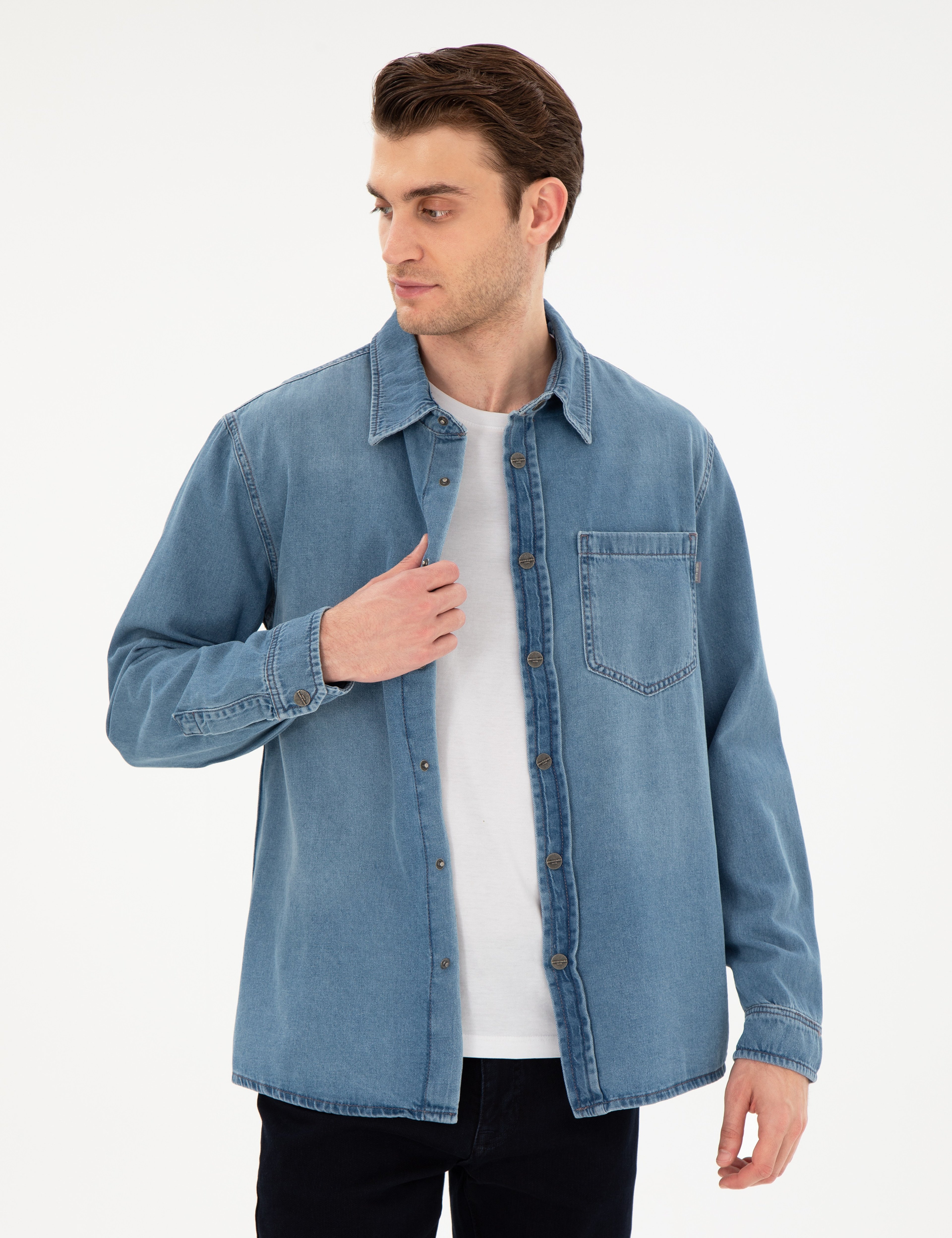 Mavi Comfort Fit Uzun Kollu Jean Gömlek - Image 1