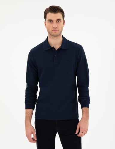 Lacivert Slim Fit Kıvrılmaz Yaka Sweatshirt