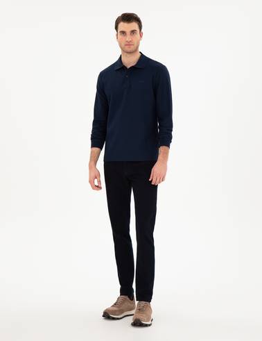 Lacivert Slim Fit Kıvrılmaz Yaka Sweatshirt
