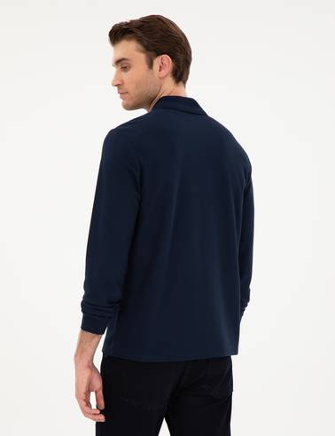 Lacivert Slim Fit Kıvrılmaz Yaka Sweatshirt