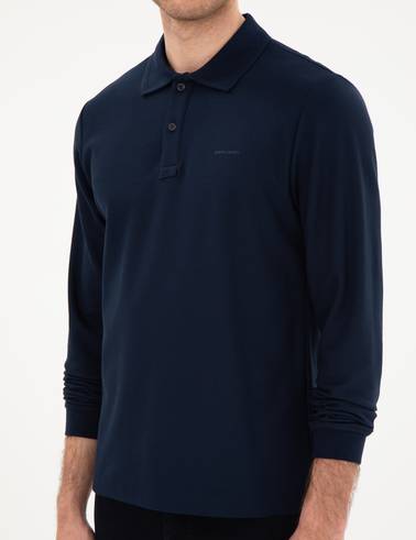 Lacivert Slim Fit Kıvrılmaz Yaka Sweatshirt