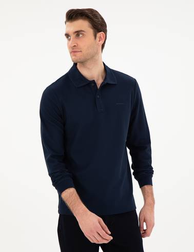Lacivert Slim Fit Kıvrılmaz Yaka Sweatshirt