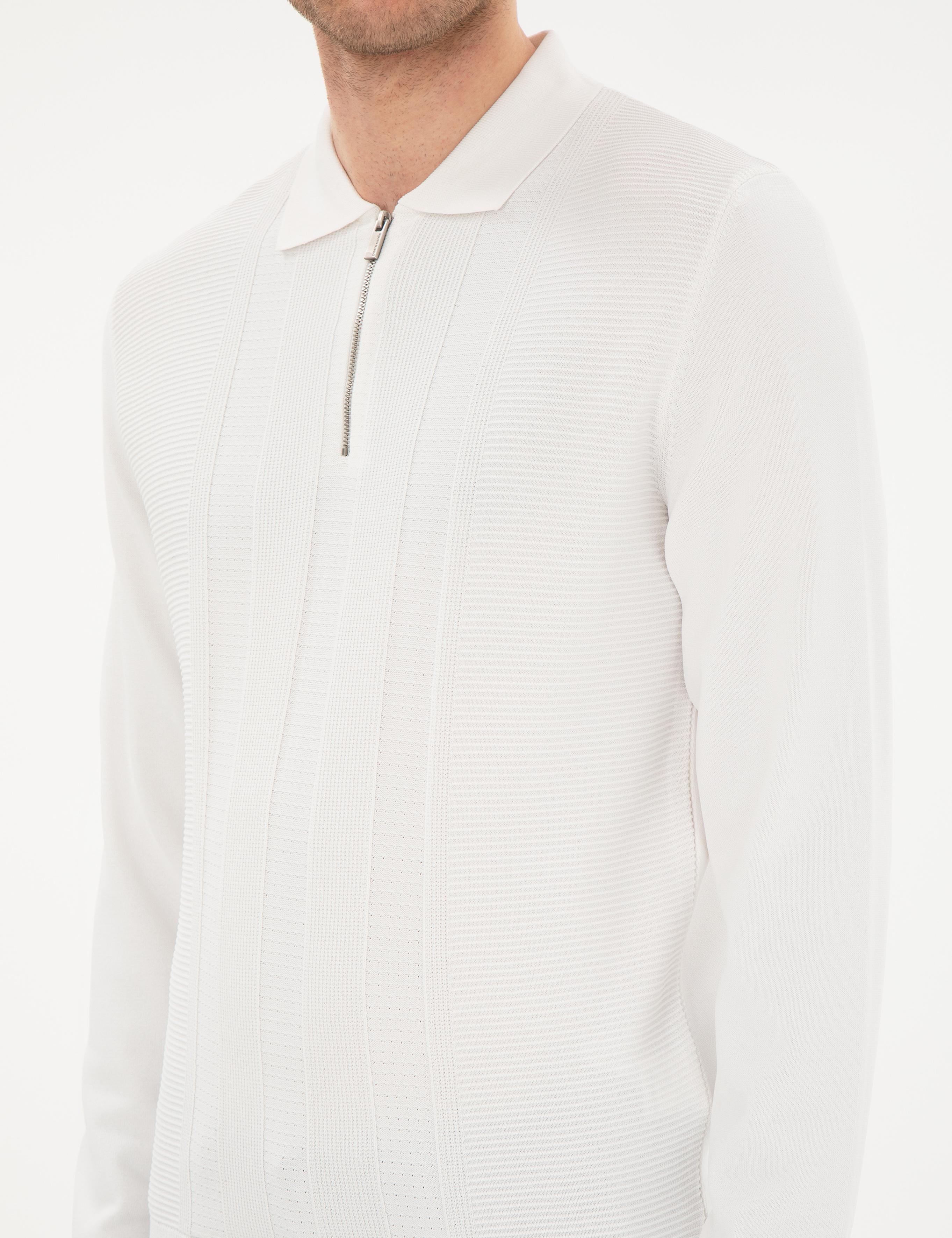 Ekru Regular Fit Fermuarlı Polo Yaka Triko Kazak