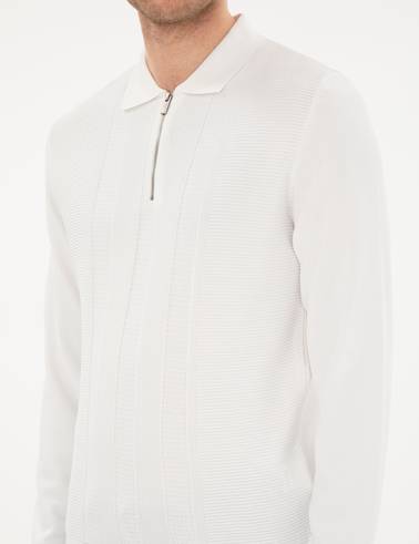 Ekru Regular Fit Fermuarlı Polo Yaka Triko Kazak