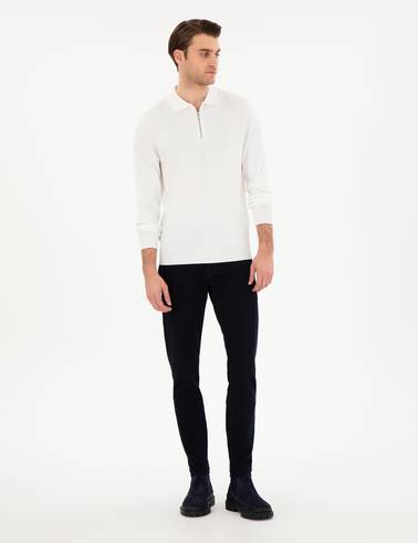 Ekru Regular Fit Fermuarlı Polo Yaka Triko Kazak