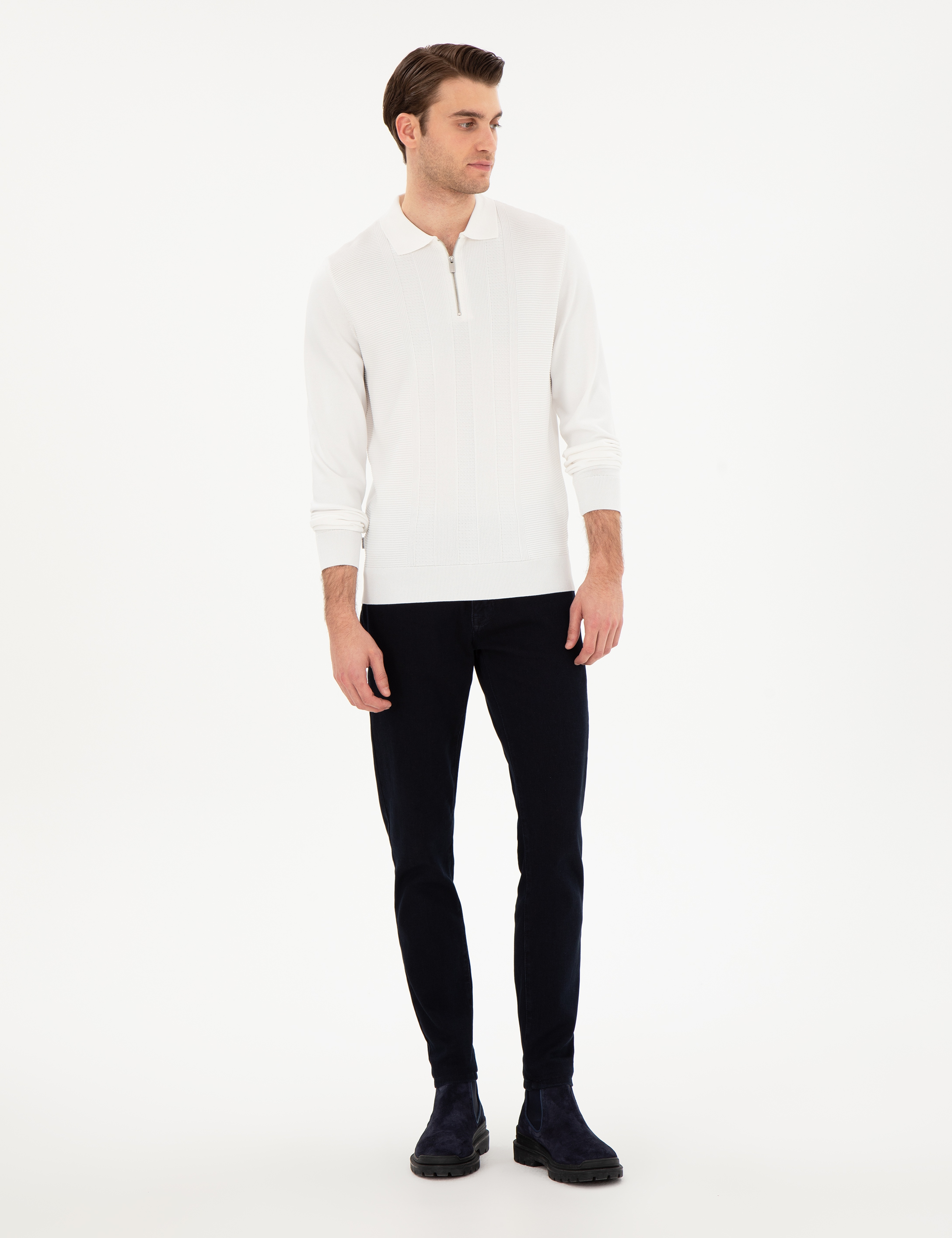 Ekru Regular Fit Fermuarlı Polo Yaka Triko Kazak - Image 4