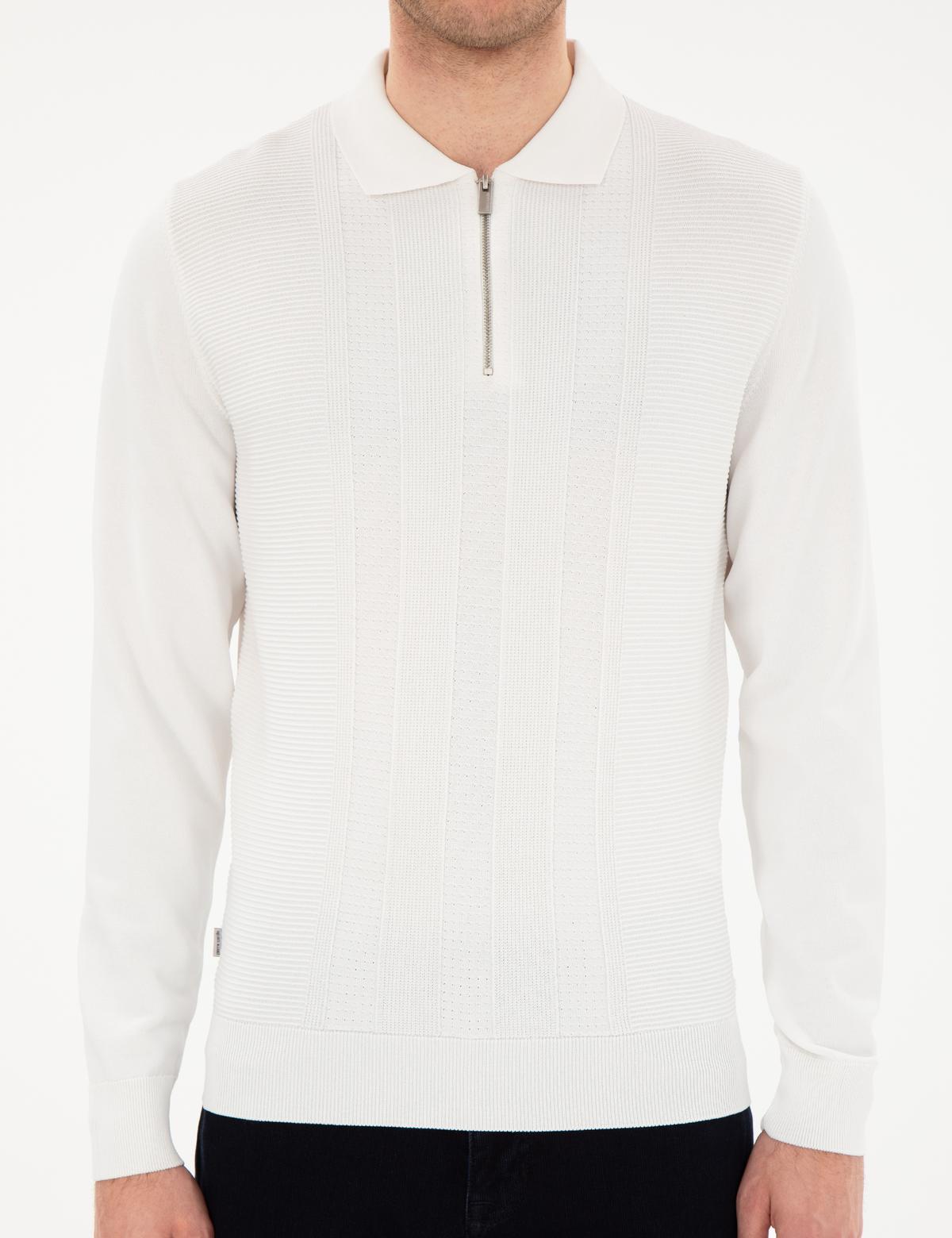 Ekru Regular Fit Fermuarlı Polo Yaka Triko Kazak - 50296453039