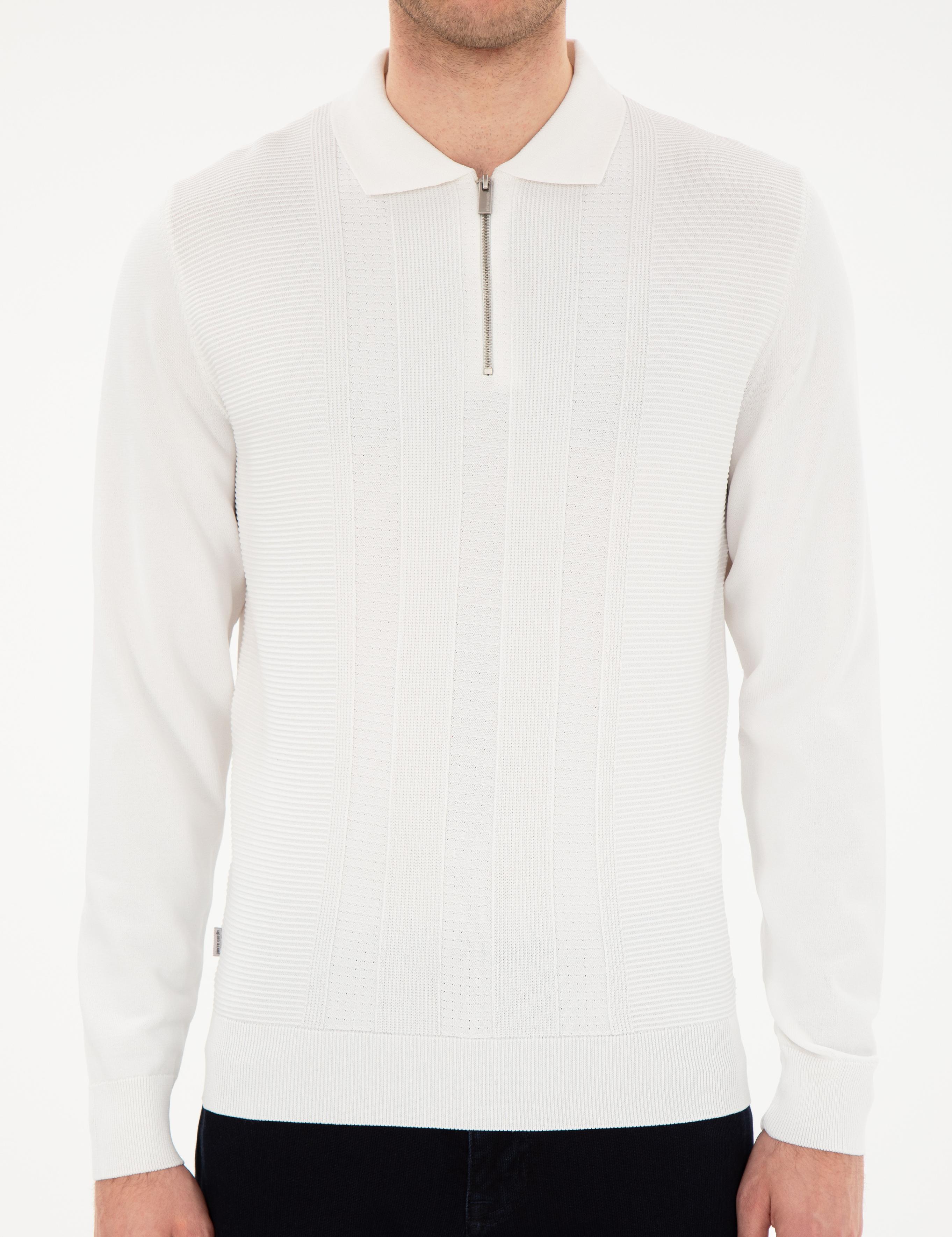 Ekru Regular Fit Fermuarlı Polo Yaka Triko Kazak