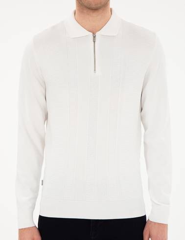 Ekru Regular Fit Fermuarlı Polo Yaka Triko Kazak