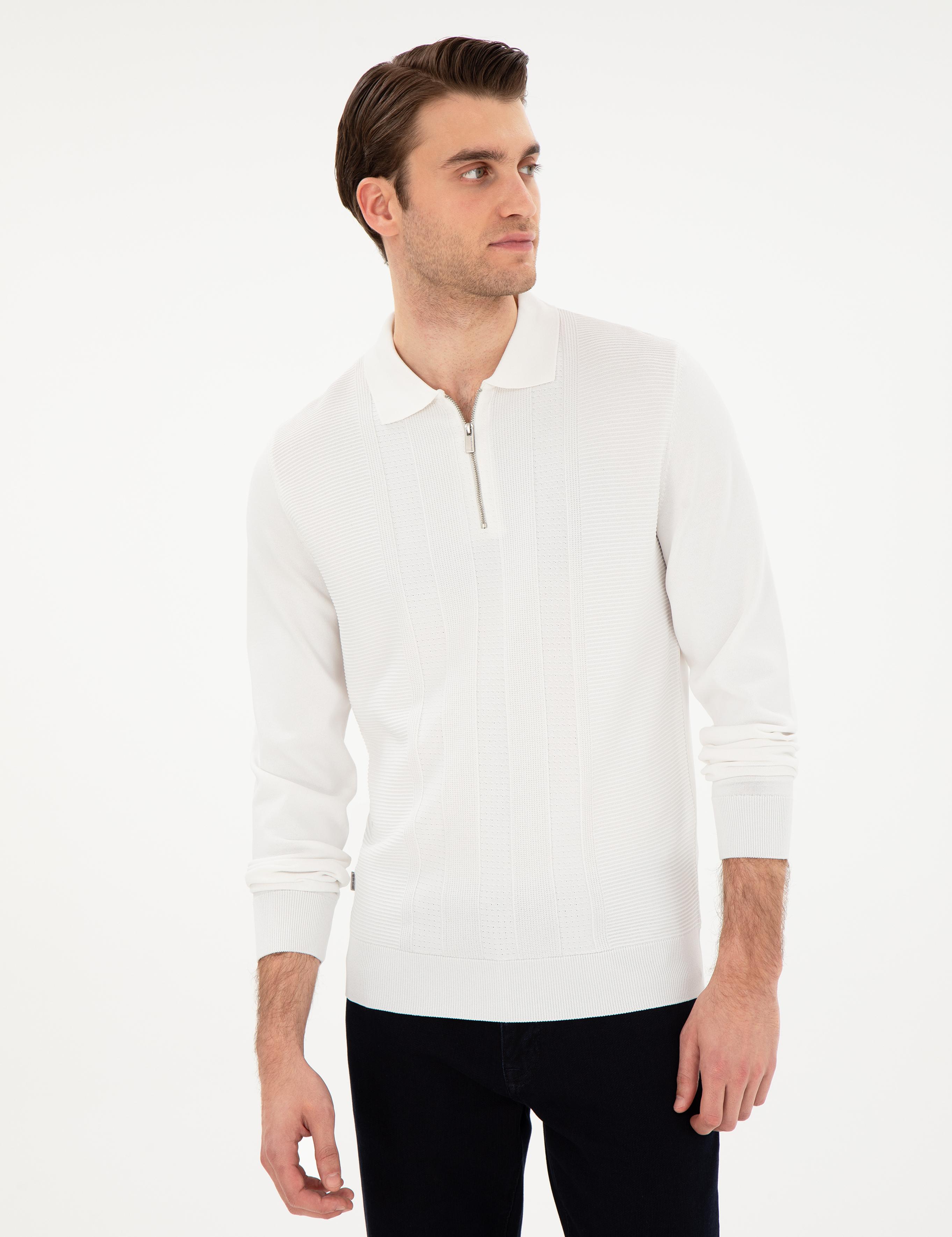Ekru Regular Fit Fermuarlı Polo Yaka Triko Kazak