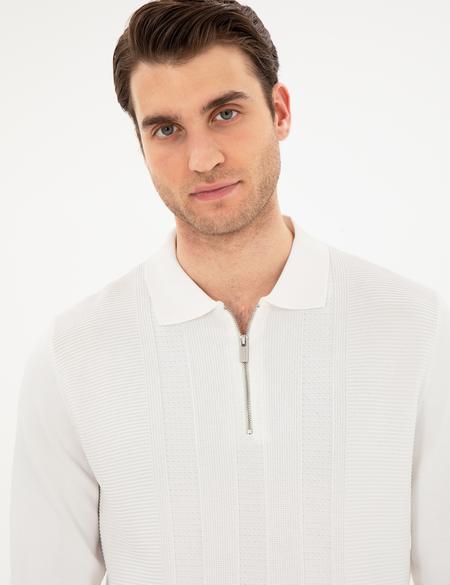 Ekru Regular Fit Fermuarlı Polo Yaka Triko Kazak - 50296453039