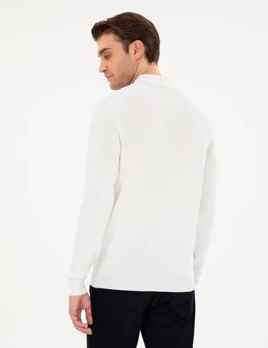 Ekru Regular Fit Fermuarlı Polo Yaka Triko Kazak