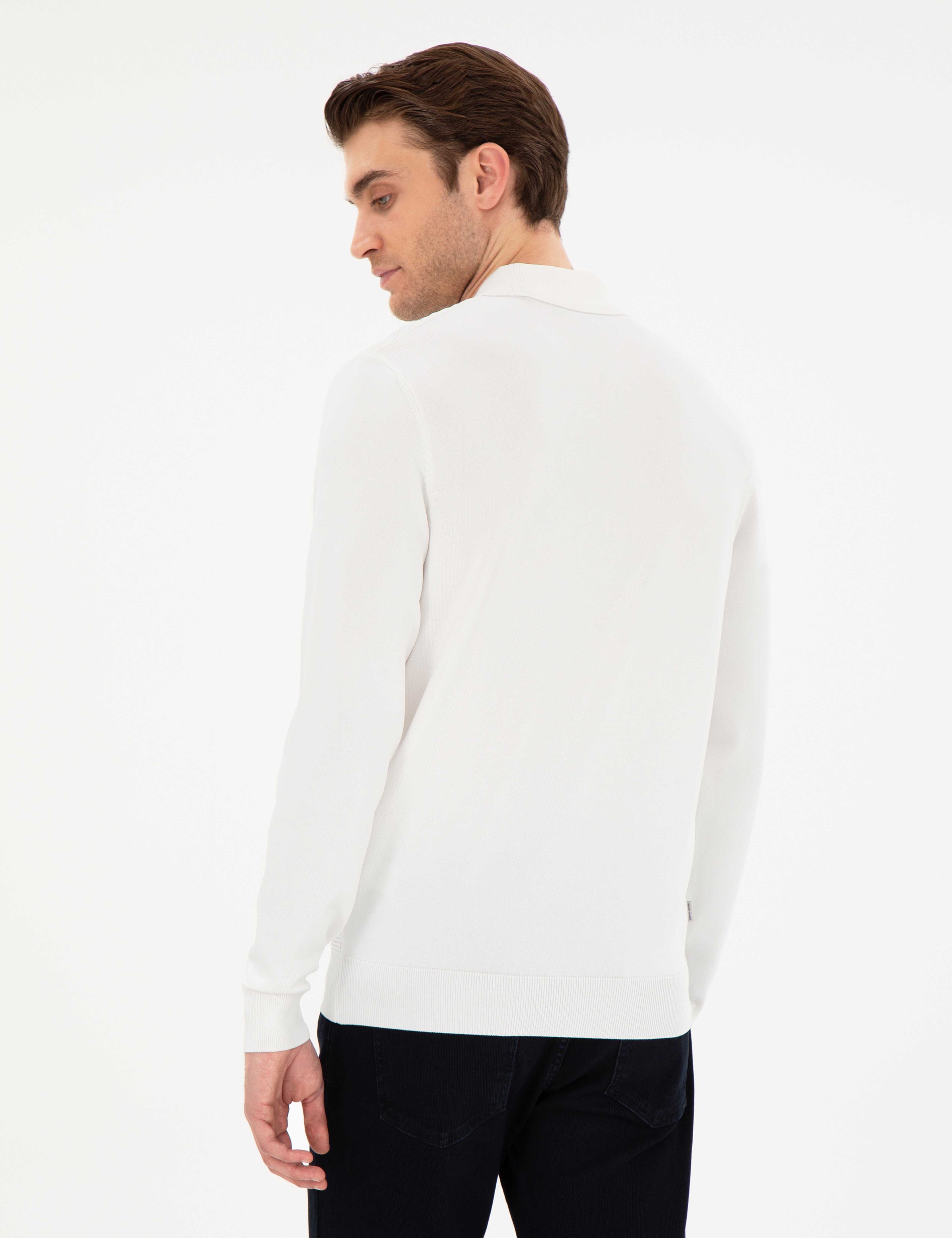 Ekru Regular Fit Fermuarlı Polo Yaka Triko Kazak