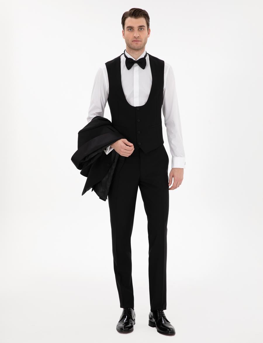 Siyah Ex. Slim Fit Yelekli Smokin