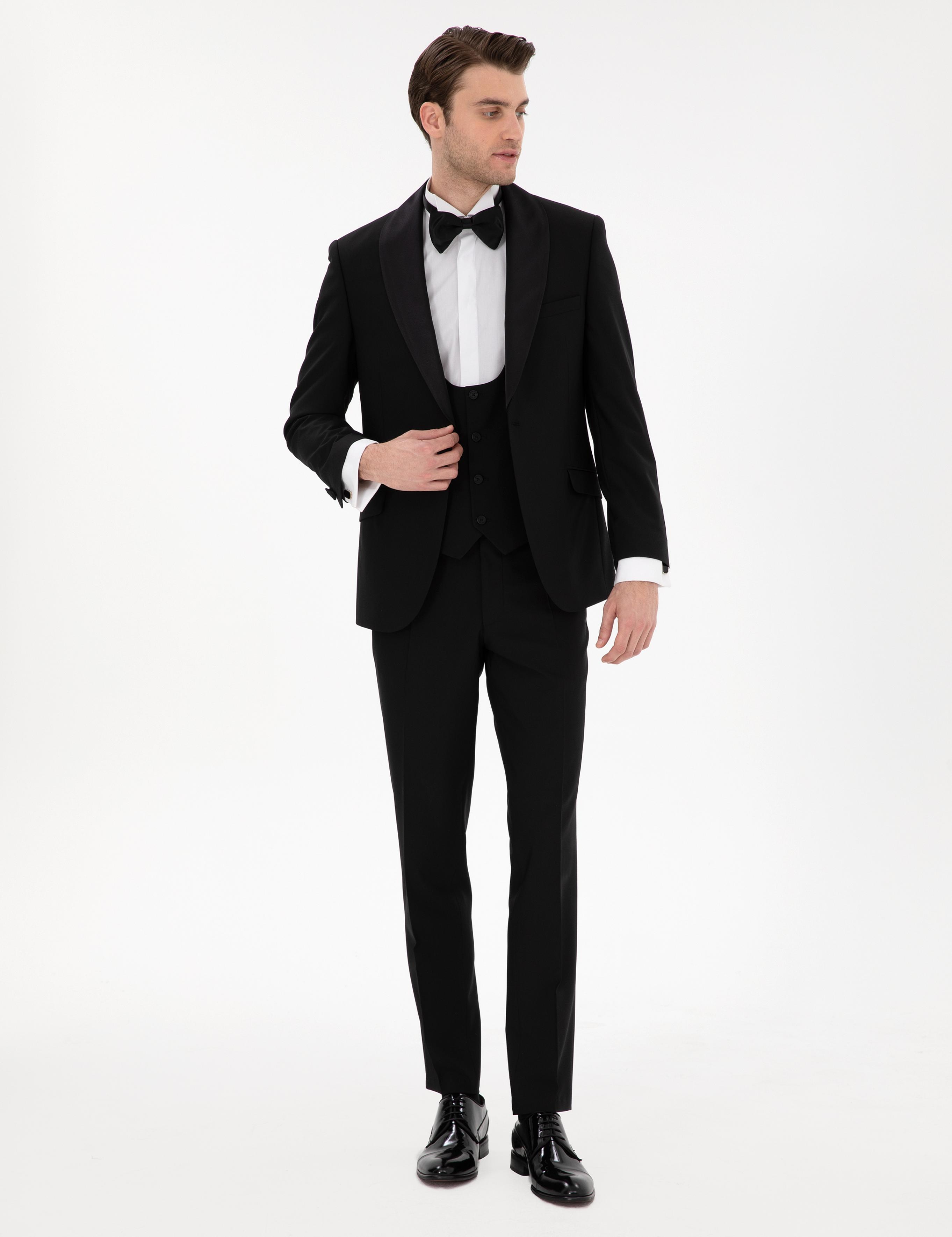 Siyah Ex. Slim Fit Yelekli Smokin