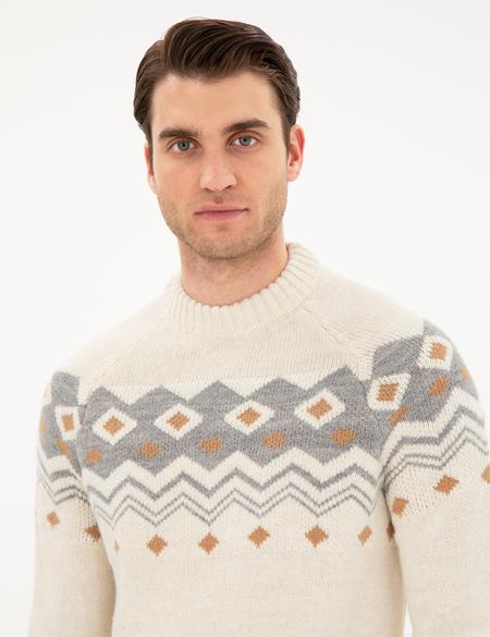 Ekru Slim Fit Çeyrek Yaka Triko Kazak - 50296448001