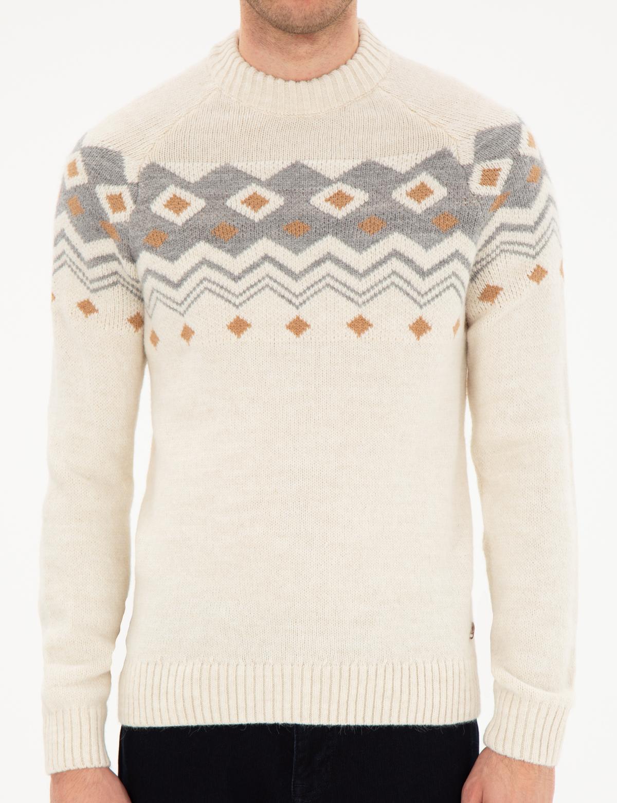 Ekru Slim Fit Çeyrek Yaka Triko Kazak - 50296448001