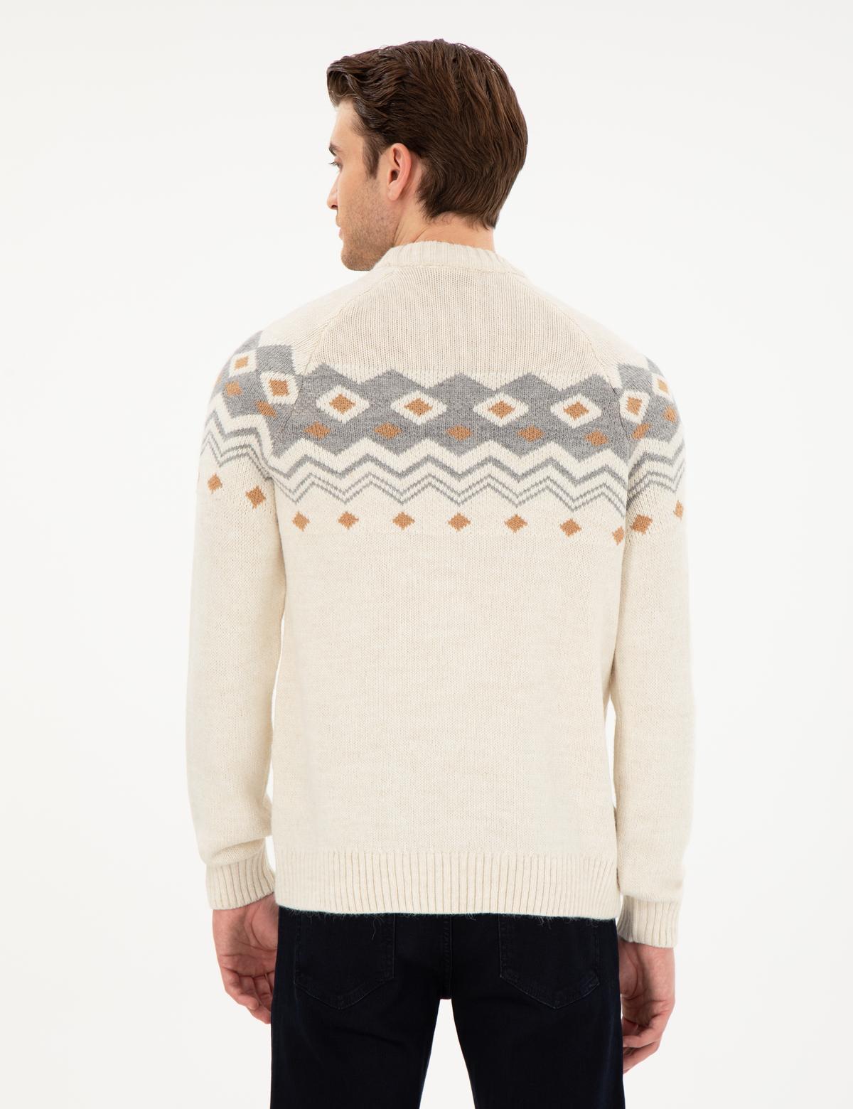 Ekru Slim Fit Çeyrek Yaka Triko Kazak - 50296448001