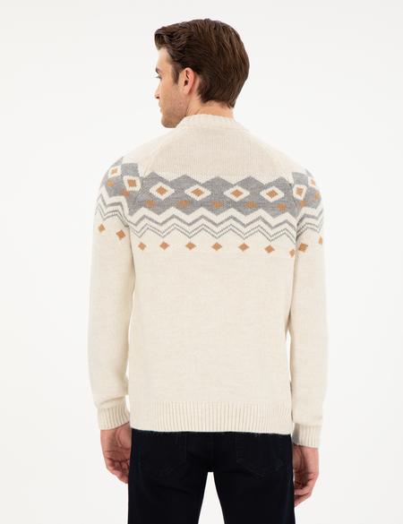 Ekru Slim Fit Çeyrek Yaka Triko Kazak - 50296448001