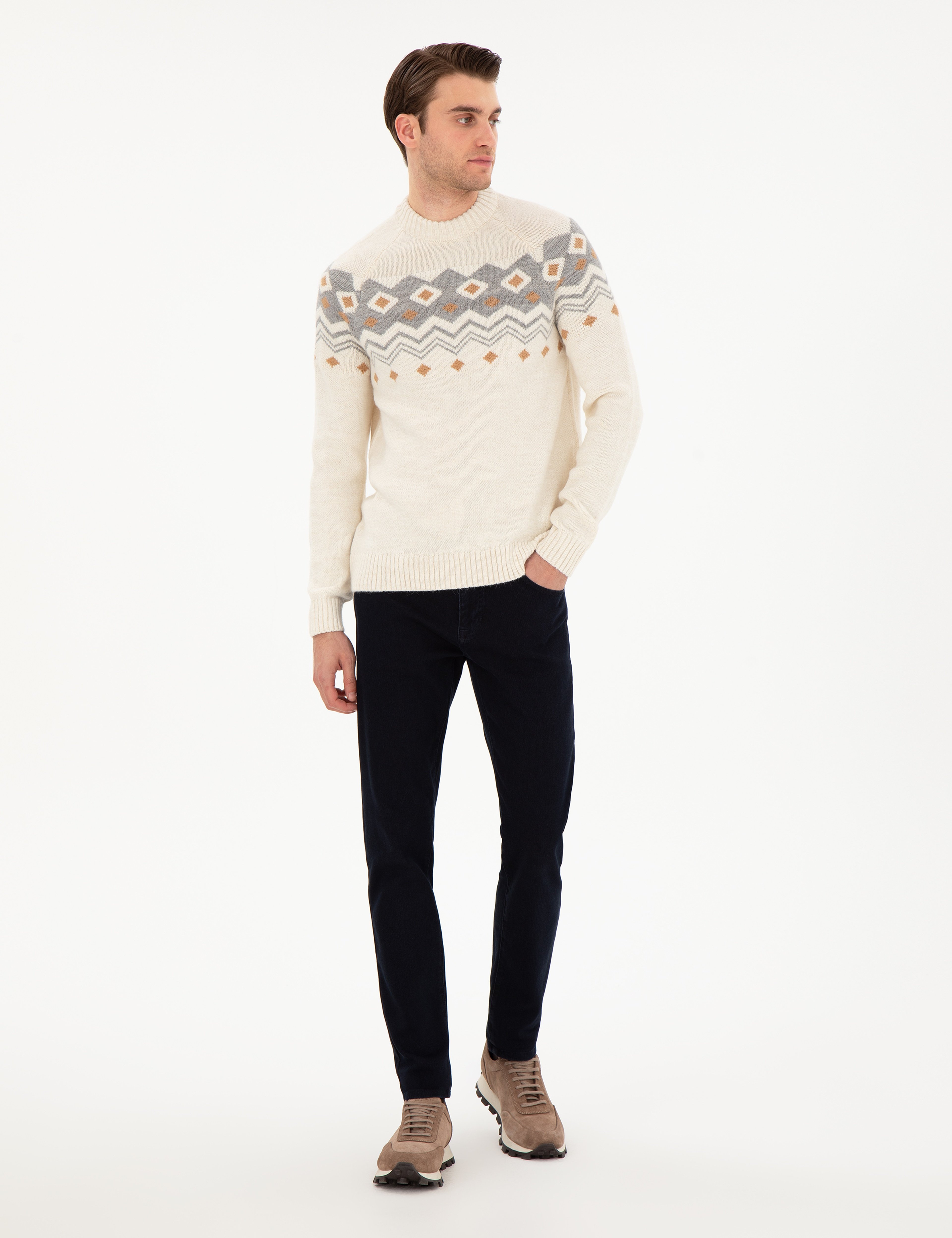 Ekru Slim Fit Çeyrek Yaka Triko Kazak - Image 4