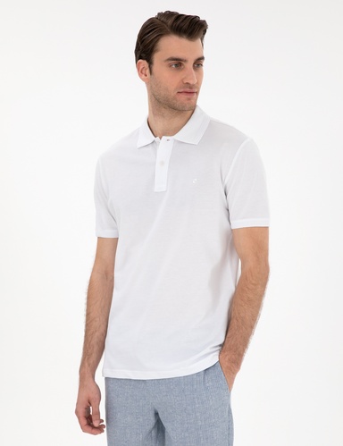 Beyaz Slim Fit %100 Pamuk Kıvrılmaz Düğmeli Polo Yaka Basic Tişört