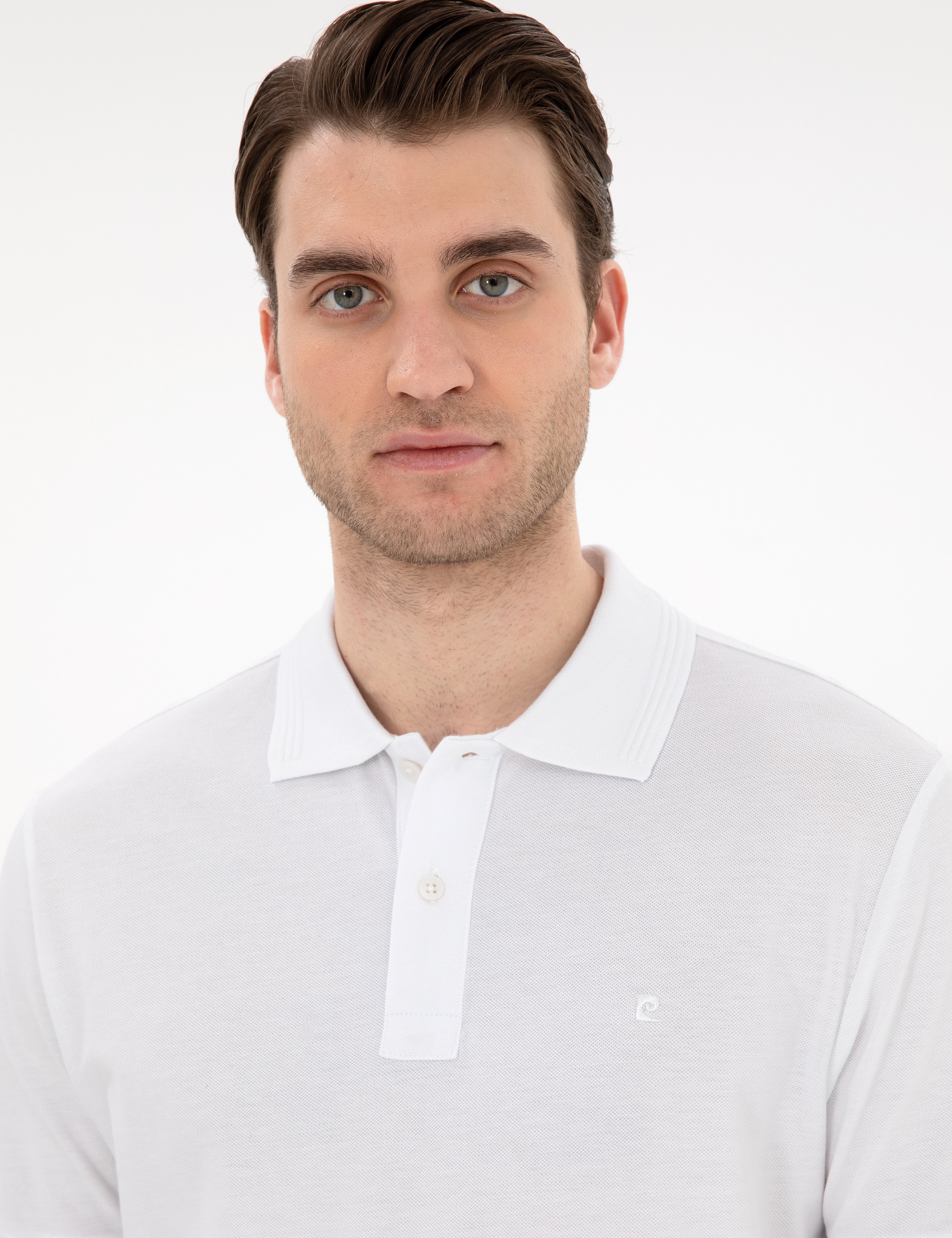 Beyaz Slim Fit Kıvrılmaz Polo Yaka Basic Tişört