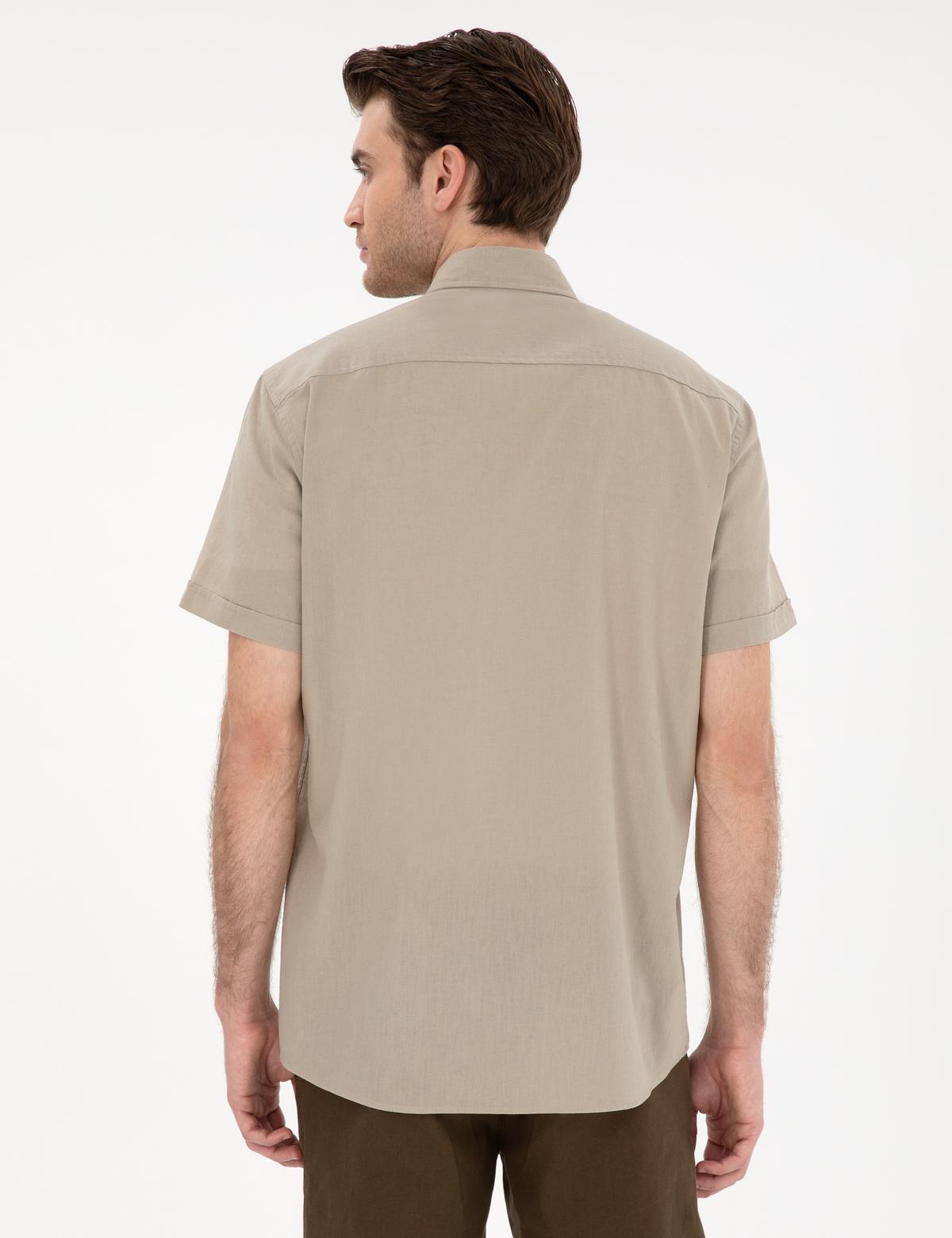 Haki Keten Karışımlı Regular Fit Kısa Kollu Gömlek - 50303418006