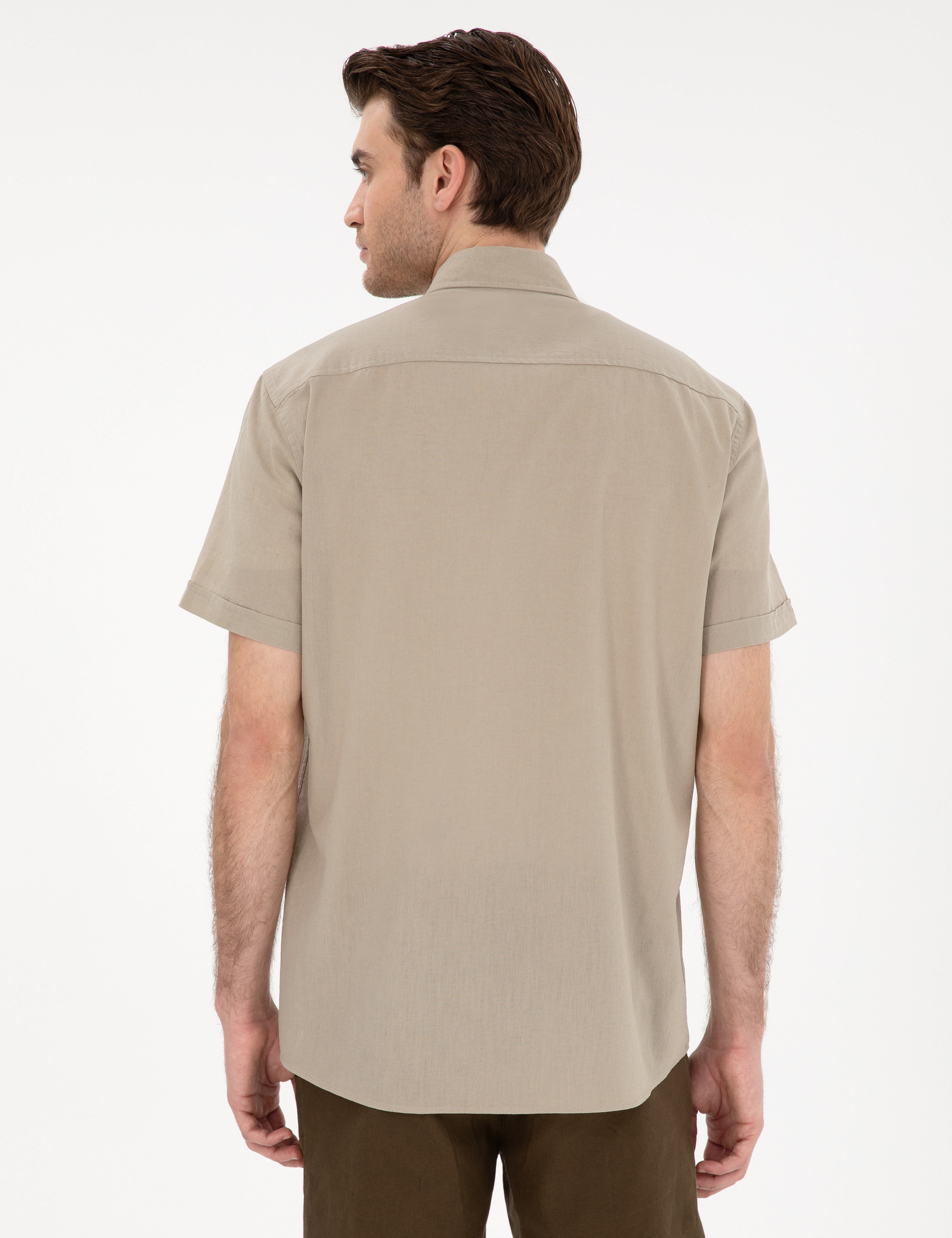 Haki Keten Karışımlı Regular Fit Kısa Kollu Gömlek - Image 5