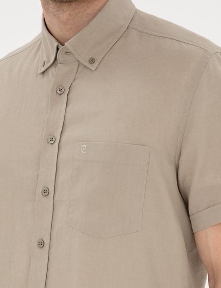 Haki Keten Karışımlı Regular Fit Kısa Kollu Gömlek - 50303418006